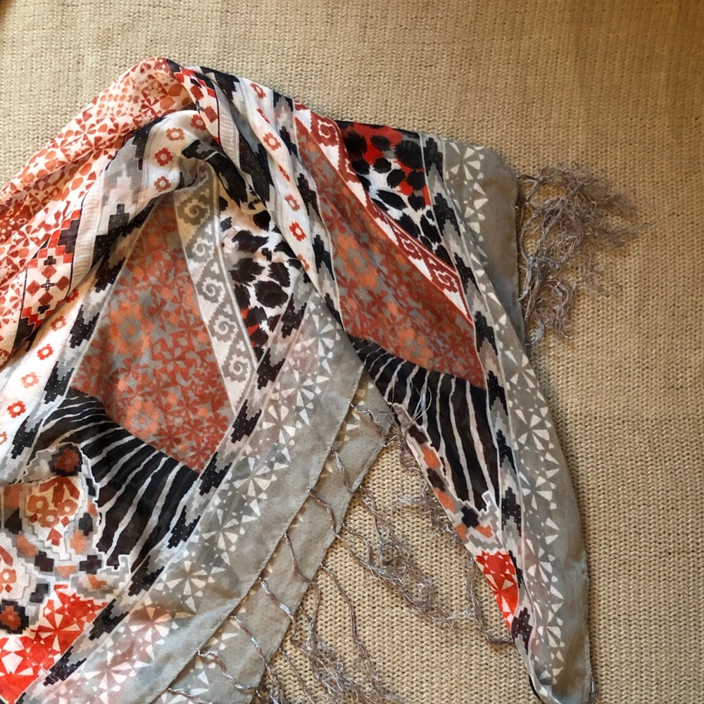 Animal & tribal print orange & grey fringe scarf